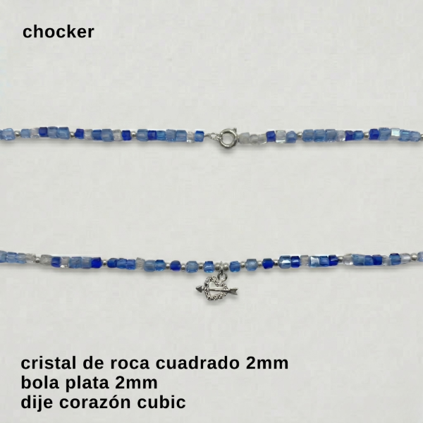 Producto - CHO.FP - Chocker cristal de roca cuadrado 2mm y dije corazón y flecha (DÓLAR)