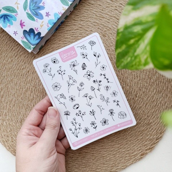 Producto - Plancha Stickers a6 troquelada FLORCITAS NEGRAS