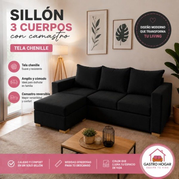 Producto - Juego de living 2 mts con camastro (color negro)