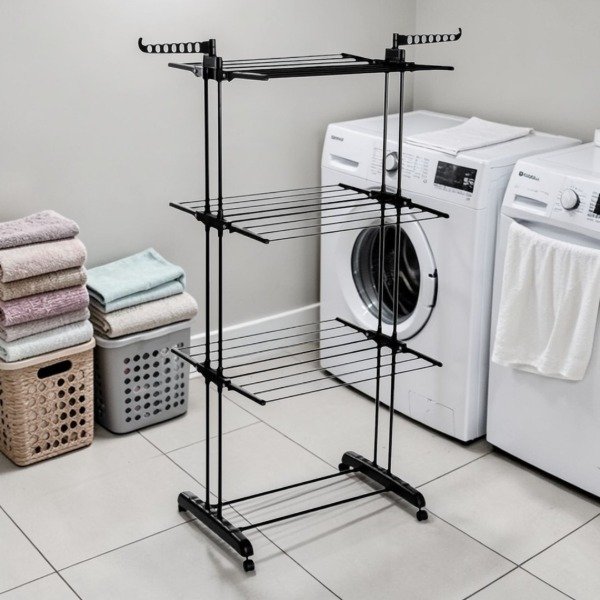 Producto - TENDER VERTICAL DE 3 PISOS CON RUEDITAS PARA ARMAR 170 CM X 75 CM X 50 NEGRO