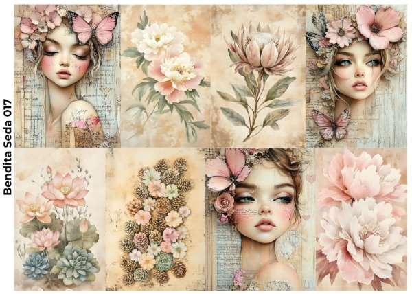 Producto - Bendita Seda 017 Rostros y flores shabby (Decoupage)