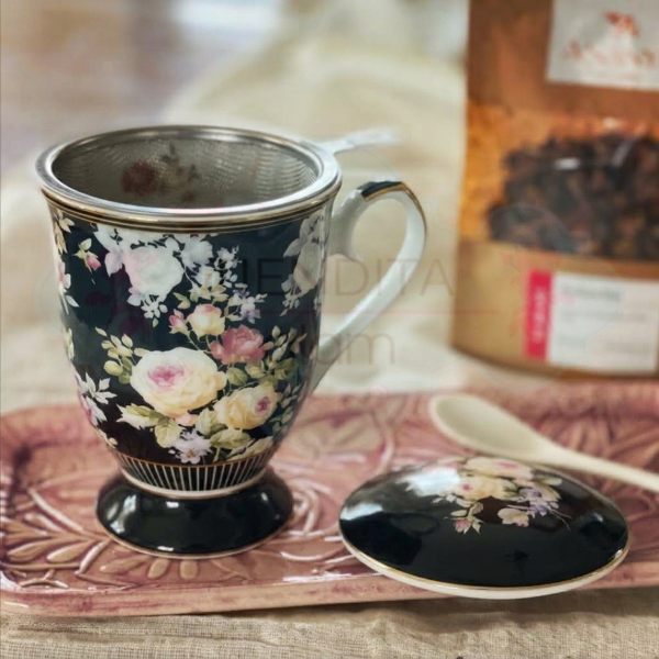 Producto - TAZA DE PORCELANA NEGRA CON FILTRO Y CUCHARA CON FLORES 300 ML - 0