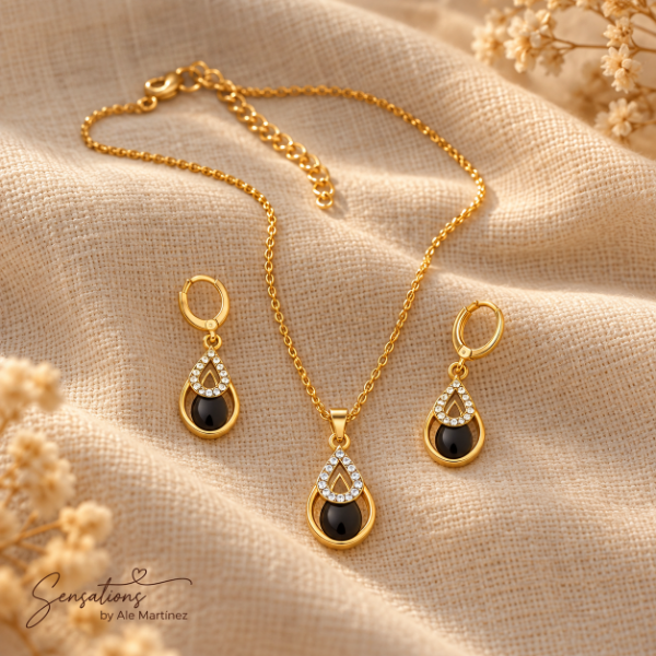 Producto - Conjunto Aros y Cadena dorada con negro gota
