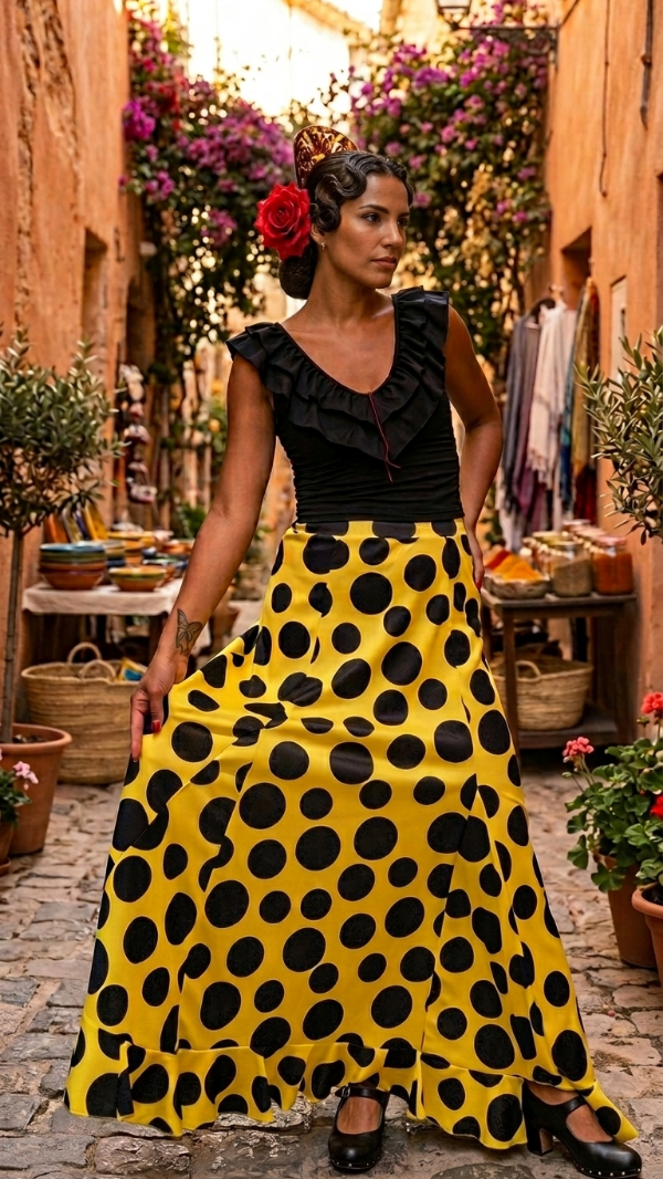 Producto - Falda Amarilla a lunares negros Talle M