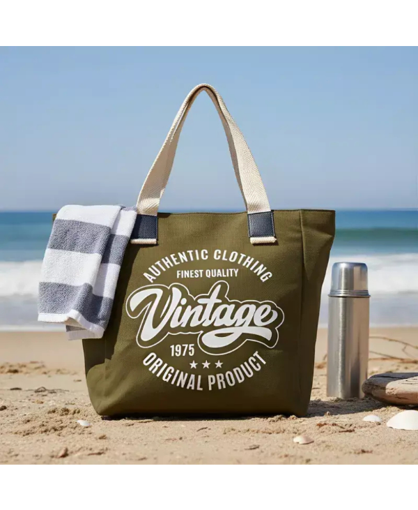 Producto - Bolso Tote Playero Con Portatermo De Lona Con Cierre Vintage