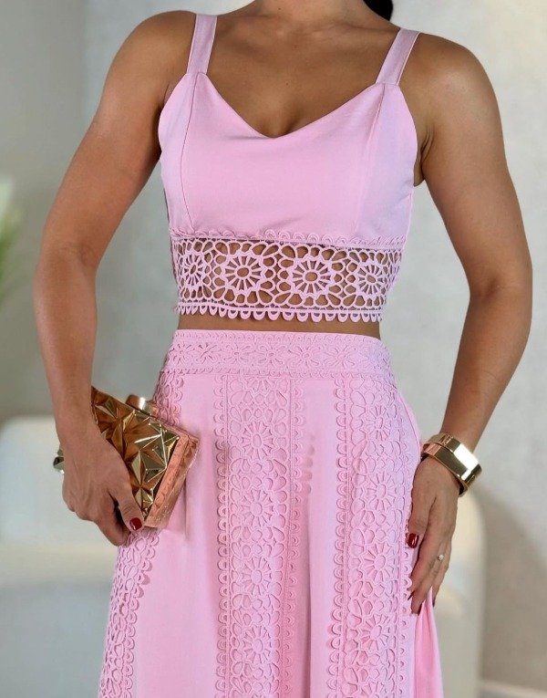 Producto - Conjunto falda forrada y top con bretel regulable Rosa