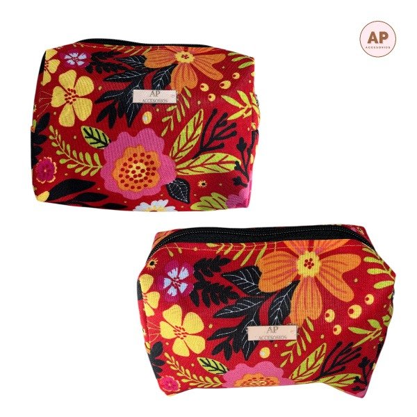 Producto - NECESER CARTU BOX TELA FLORES CON FONDO ROJO