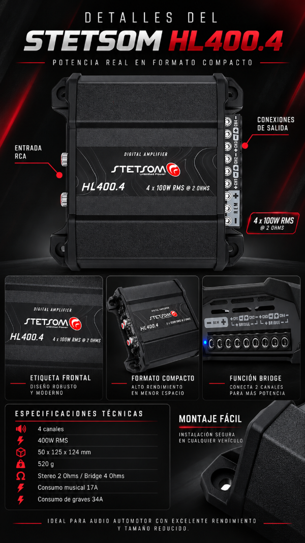 Producto - Amplificador Stetsom HL400.4 4 Canales 400W RMS - 1