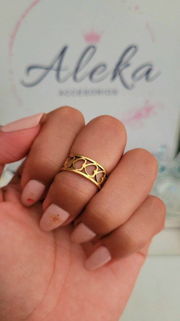 Producto - Anillo corazones talle 17 de acero dorado