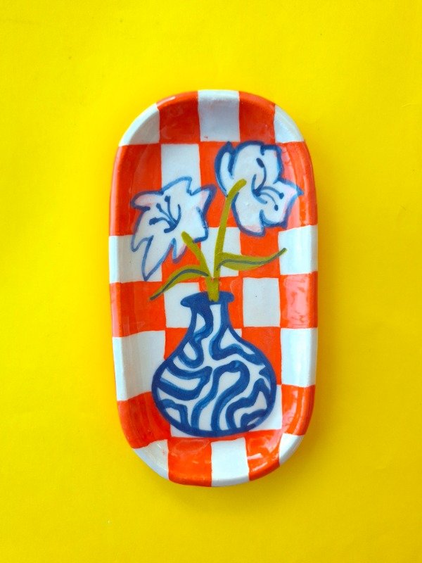 Producto - Bandeja mini Florero y cuadrillé naranja