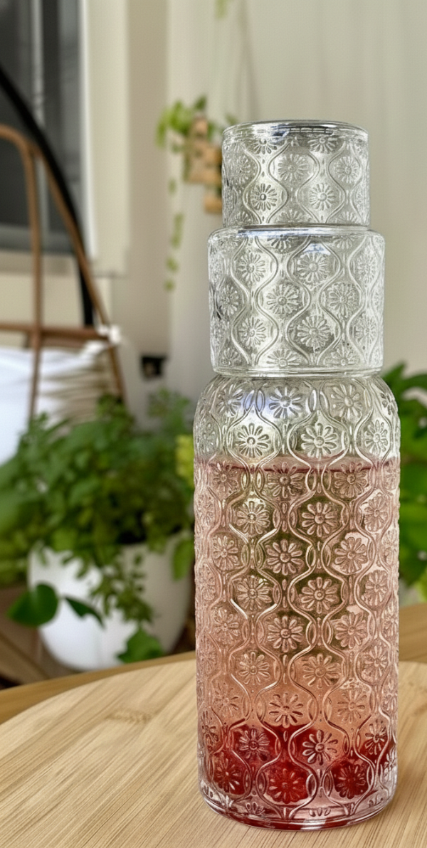 Producto - Botella de vidrio labrada con vaso FLOWERS