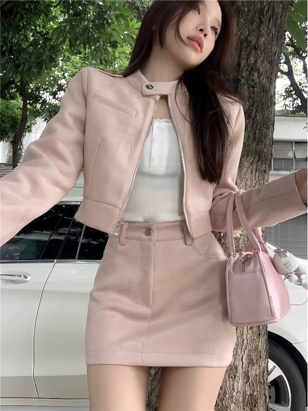 Producto - Conjunto pollera + chaqueta rosa