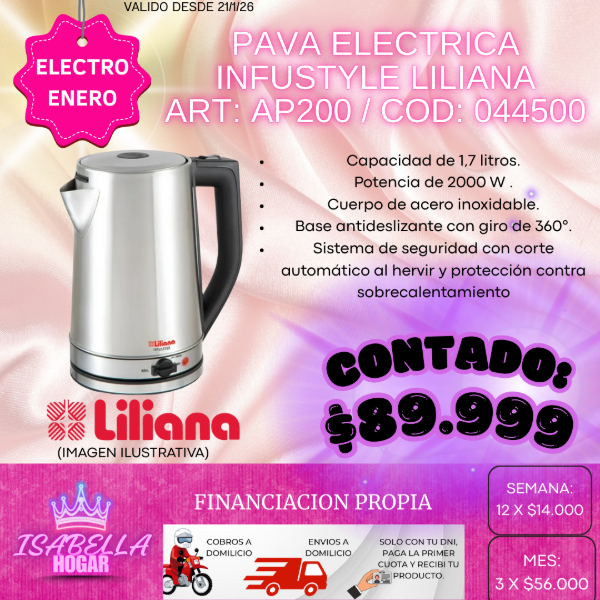 Producto - PAVA ELECTRICO INFUSTYLE LILIANA ART: AP200 / COD: 044500