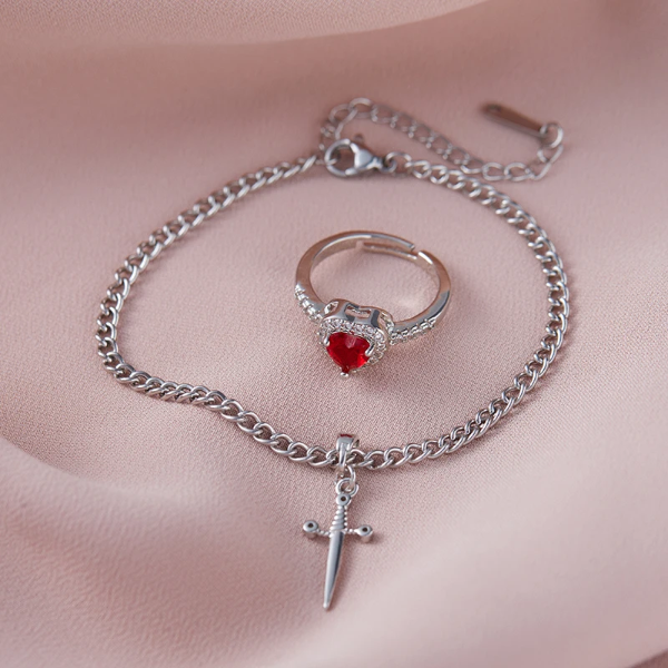 Producto - Pulsera y anillo para compartir Corazón y Daga pasante (acero)
