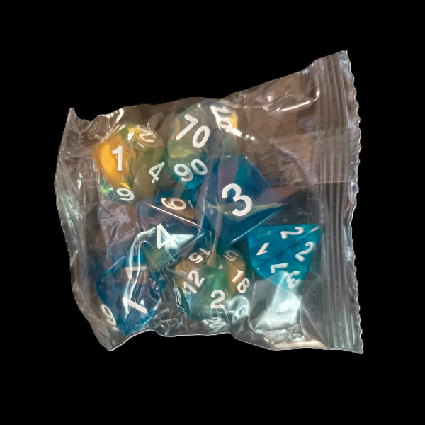 Producto - Set de 7 Dados - Azul y Dorado Marmolado
