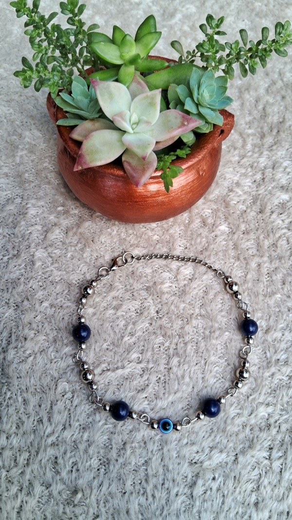 Producto - Tobillera pelotitas acrílicas azules y níquel-Dije ojo Turco