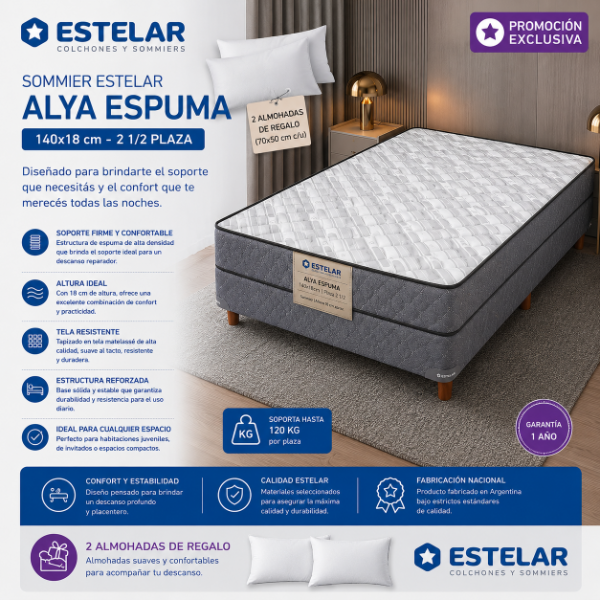 Producto - SOMMIER ESTELAR ESPUMA 140X18CM - 2 1/2 PLAZA +  2 ALMOHADAS DE REGALO
