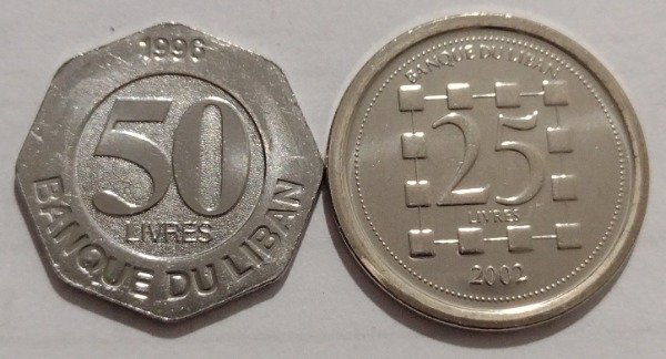Producto - Líbano lote de 2 monedas 25 livres 2002 y 50 livres 1996