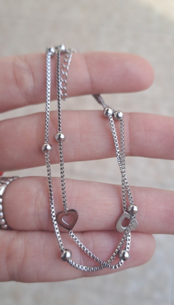 Producto - Pulsera de Acero Doble Cadena 18cm más alargue con Corazones