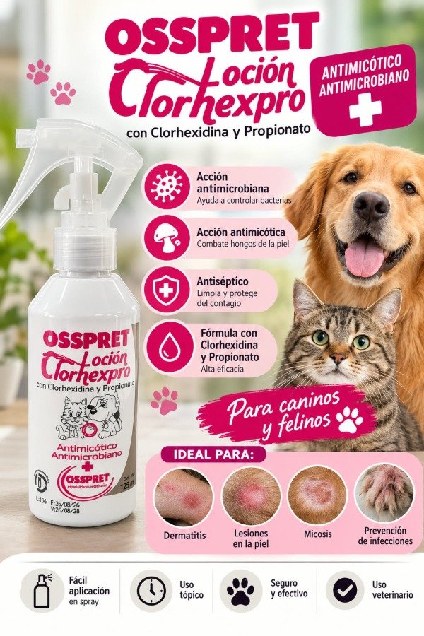 Producto - OSSPRET Clorhexpro 125 ml  Loción Antimicótica para Perros y Gatos - 1