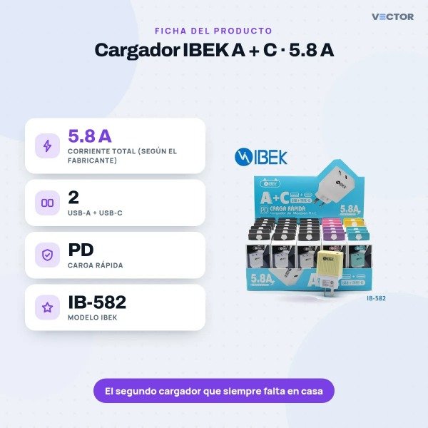 Producto - Cabezal Cargador Puerto USB + Tipo c 5.8A Ibek IB 582 Lila - 4