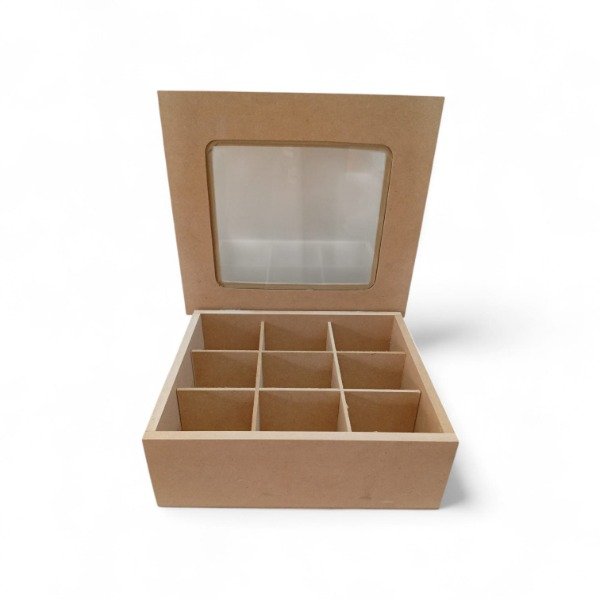 Producto - CAJA DE TE 9 DIVISORIOS CON VIDRIO Y BISAGRAS