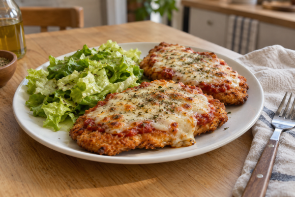Milanesas de pollo a la pizza con ensalada, idea de presentación