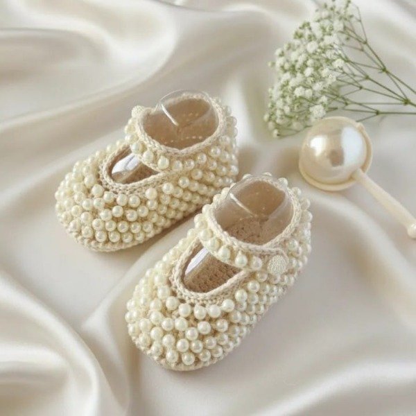 Producto - Zapatitos a crochet con perlas entretejidas. Para bebé de 3a6 meses