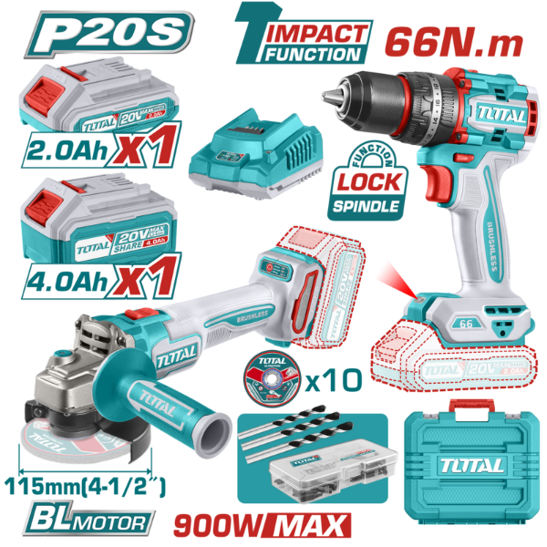 Producto - Kit TOTAL TCKLI20273 - Taladro Percutor + Amoladora 115mm 20V Brushless