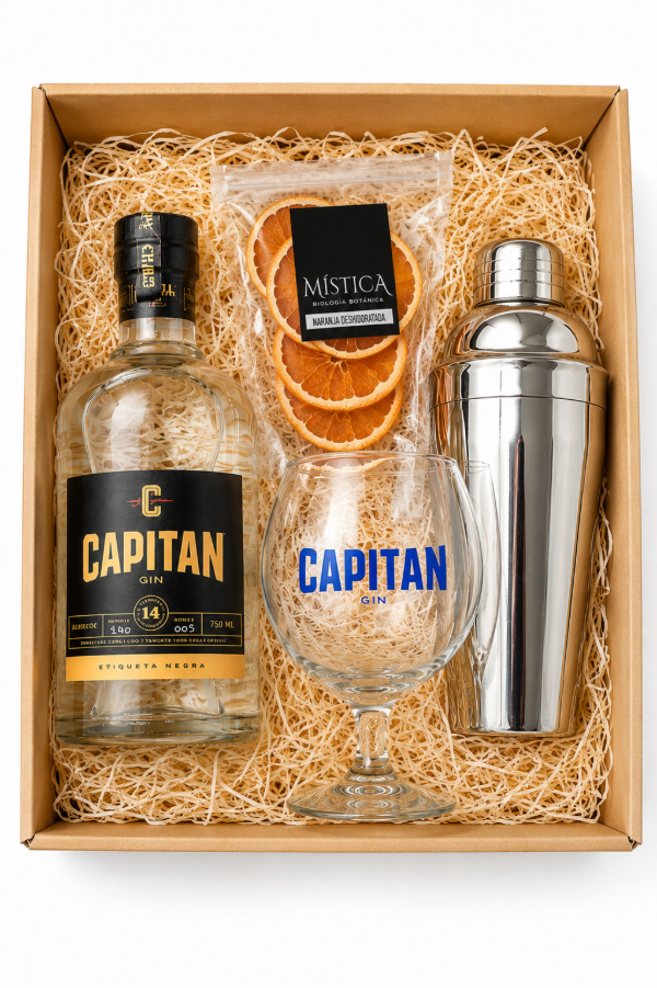 Producto - Caja de Regalo Gin Capitán London Dry 750 ml con Copa, Coctelera y Botánicos