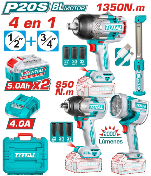 Producto - Kit Pro TOTAL TOSLI250782 - Llaves de Impacto 850Nm + 1350Nm + Lámparas 20V