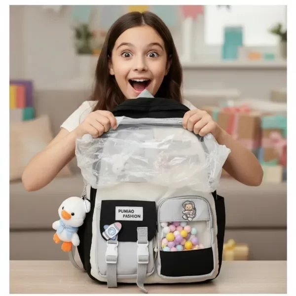 Producto - Mochila Escolar Patito Con Peluche Adornos Bolsillos Colores