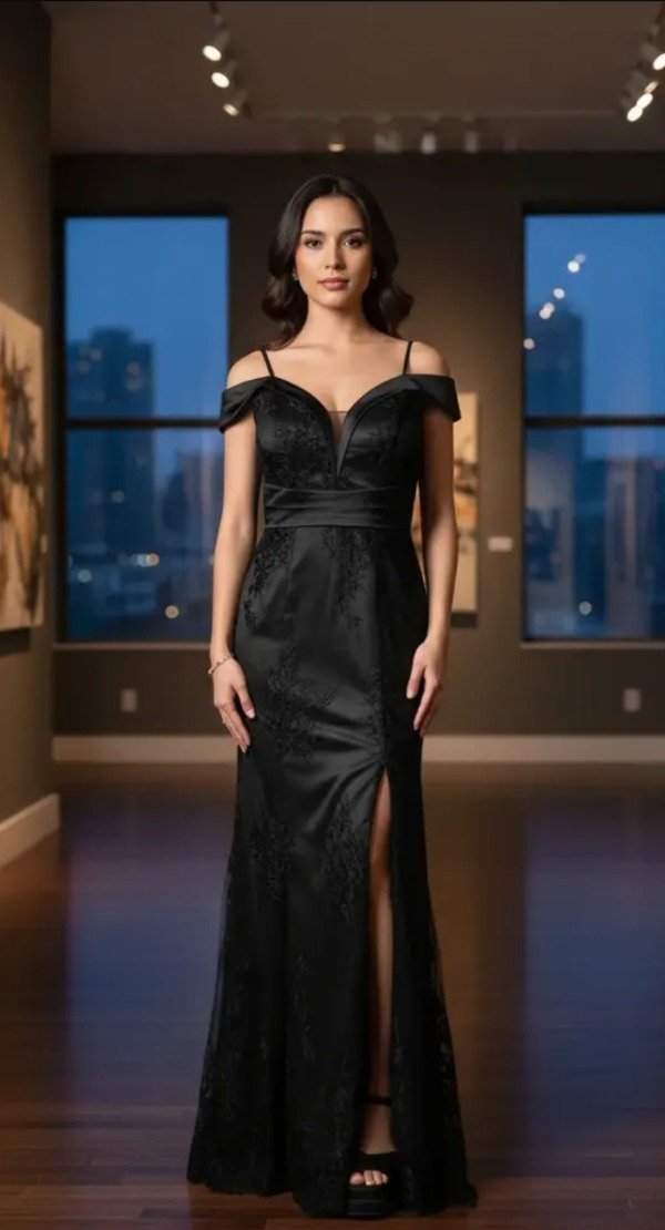 Vestido largo sirena de tul bordado con tajo — imagen 2