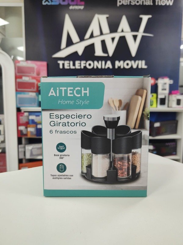 Producto - Especiero Giratorio 6 Frascos Vidrio y Plastico Negro Aitech AIEG26010100N