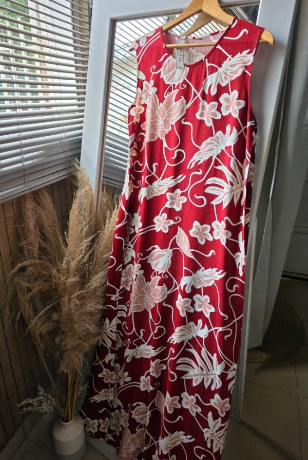 Producto - V46 vestido lino estampado rojo