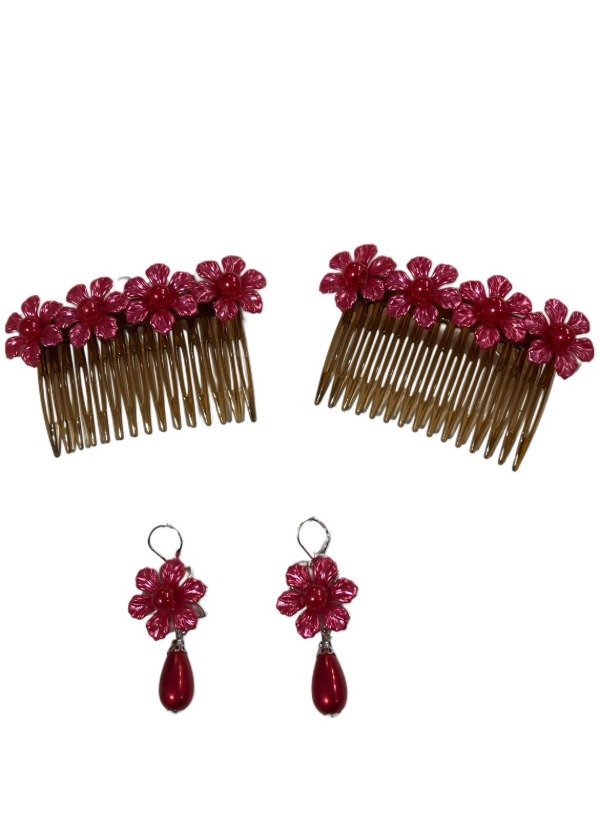 Producto - Conjunto Flor con Perla (Peinetas + Aros) rojo
