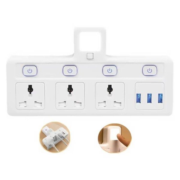 Producto - ZAPATILLA ALARGUE ENCHUFE 220V 3 USB 3 TOMAS ENCHUFE CON LUZ