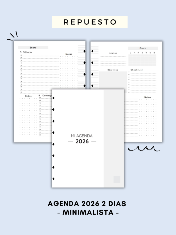 Producto - Agenda 2026 2 dias - minimalista - repuesto