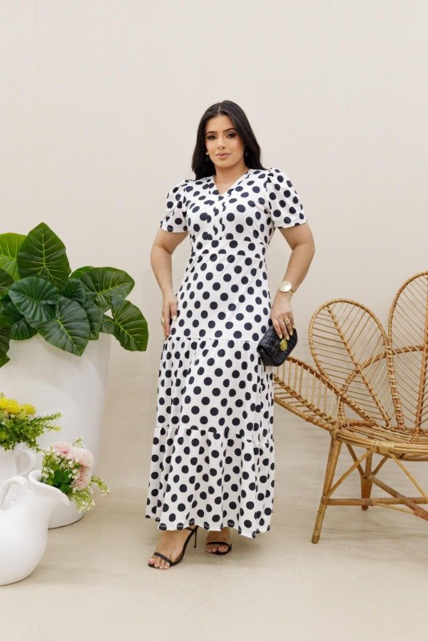 Producto - Vestido largo importado a lunares BLANCO (Art. 314) Talle Unico (L/XL)