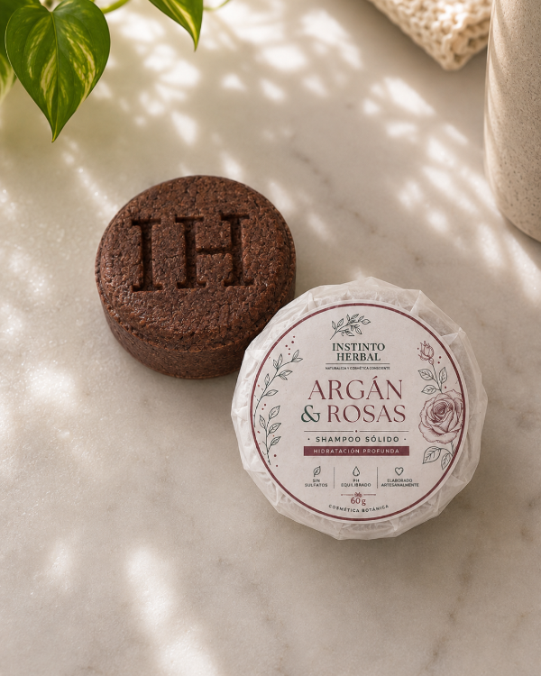 Producto - Shampoo sólido Argán y Rosas. Cabellos maltratados o muy secos.