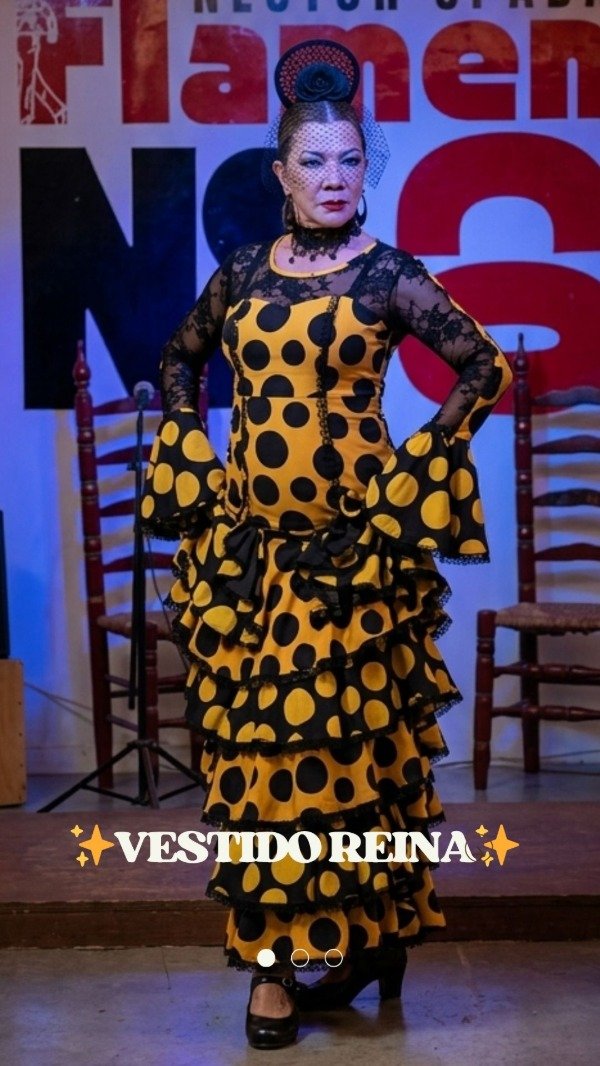 Producto - VESTIDO REINA AMARILLO LUNAR NEGRO  CON TUL BORDADO