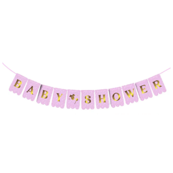 Producto - Banderin stamping BABY SHOWER color rosa letra plateada