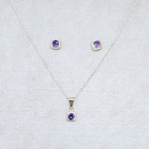 Producto - CONJUNTO cadena, dije y aros cuadrado piedra lila, de plata (cod891-3409-1279)