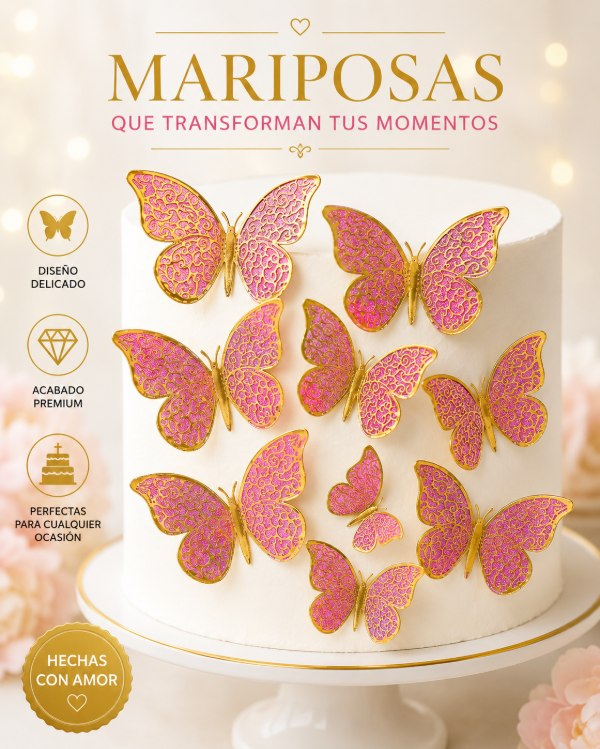 Producto - Set de 12 mariposas rosa  con bordes dorado (NO COMESTIBLE