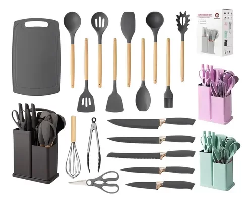 Producto - Set Utensilios Silicona Premium 19 Piezas Mango Madera