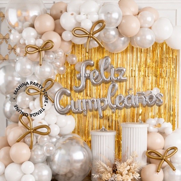 Producto - Set de globos con cortina en dorado, plata, blanco y nude 100 piezas