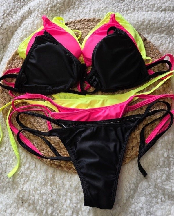 Producto - Pack x 6 Bikinis basicas con argollita y tiras Negro / Amarillo / Fucsia