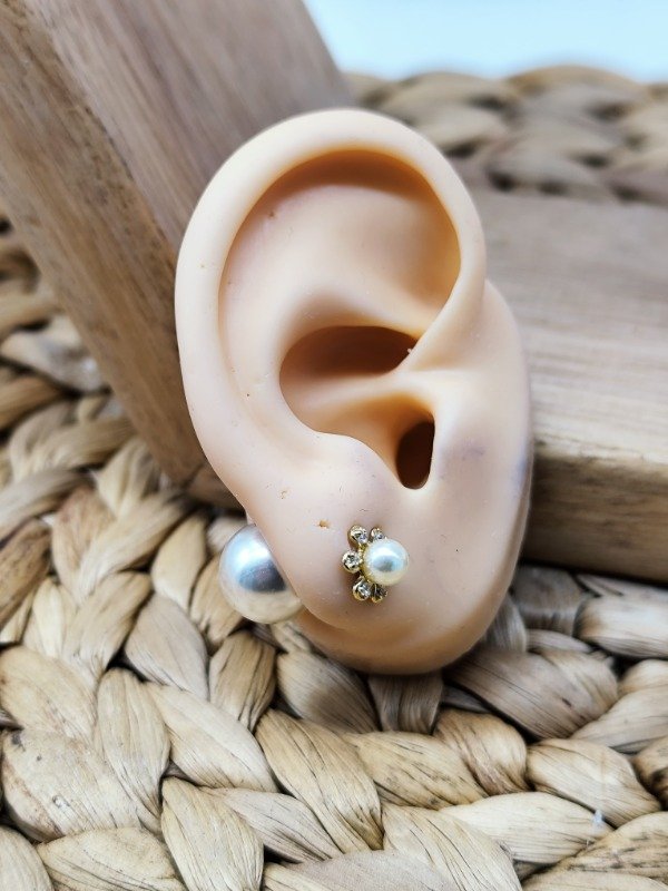 Producto - Aros Dior Doble Perla y Flor - Baño de Oro - 1
