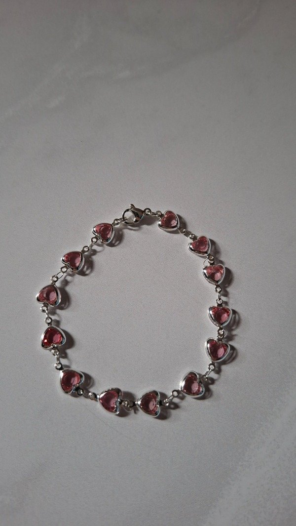 Producto - Pulsera de acero blanco corazones rosas