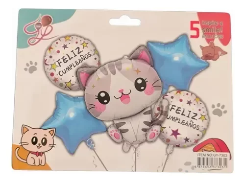 Producto - Set 5 Globos - Gatito Gris Feliz Cumpleaños